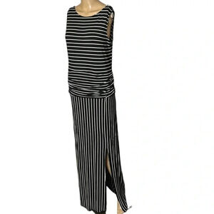 LNBF bamboo stripped,maxi dress,shirred women black &White Small. ,scoop EC